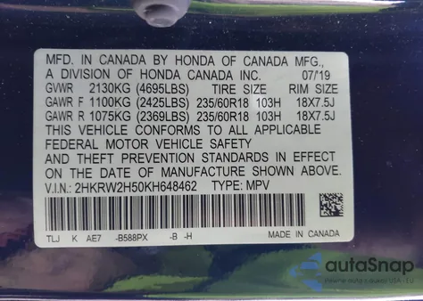 2019 Honda Cr-V Ex z USA, uszkodzony, nr VIN 2HKRW2H50KH648462